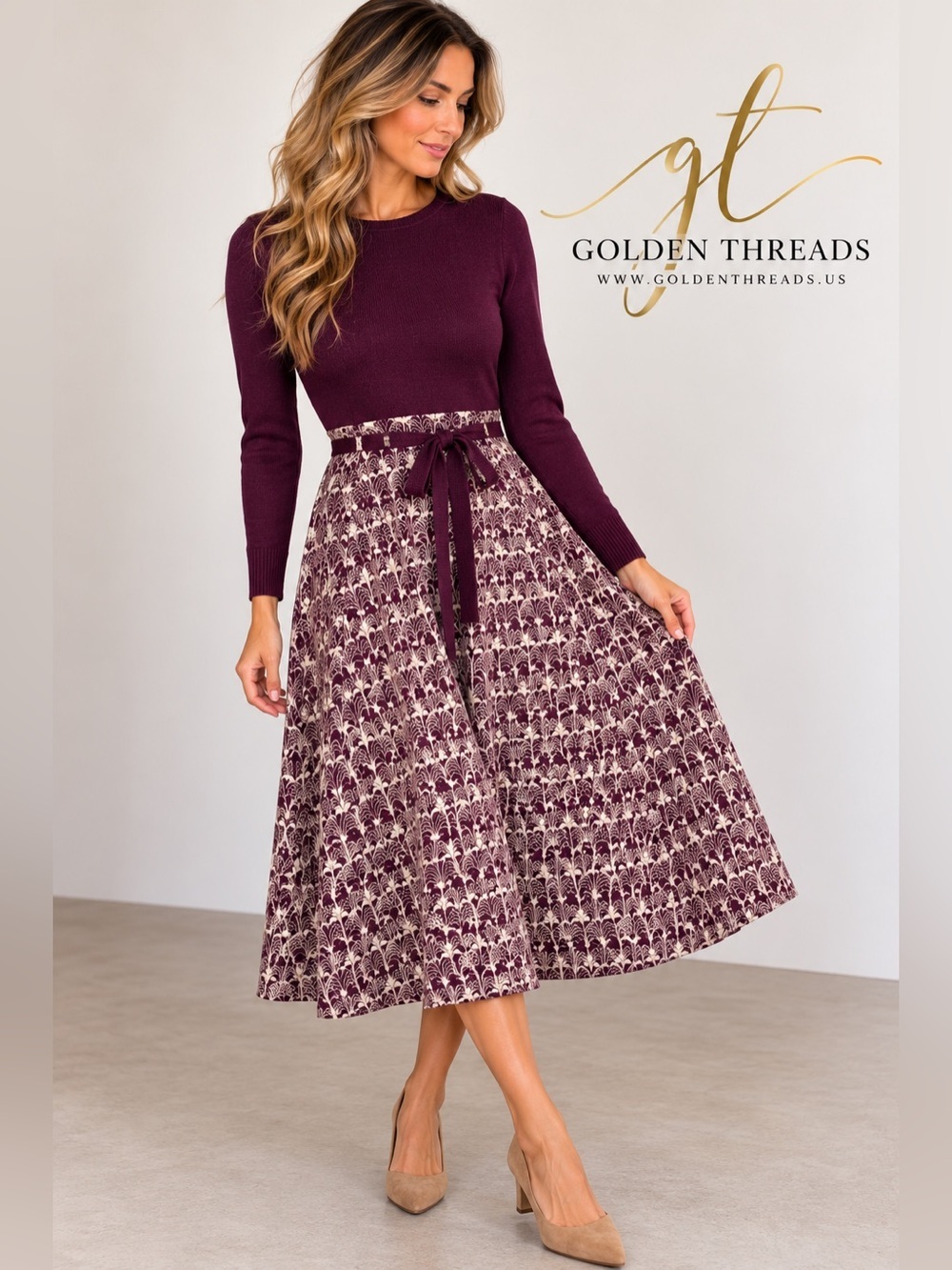 GT-0090 Maison Tara Plum Knit Top with Cream & Plum Patterned Skirt